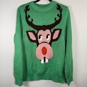 Tipsy Elves Bucktooth Reindeer Ugly
Christmas Sweater L Green Crew  Pullover